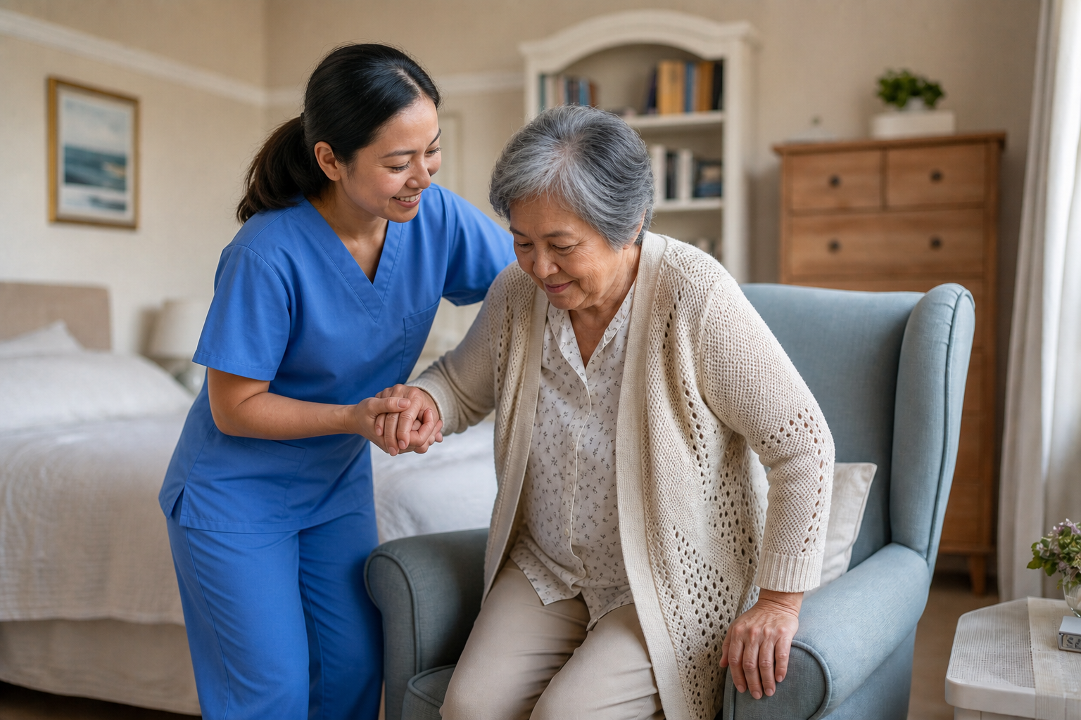 Female Nurse Assisting Elderly Woman at Bedroom Bookcase-1