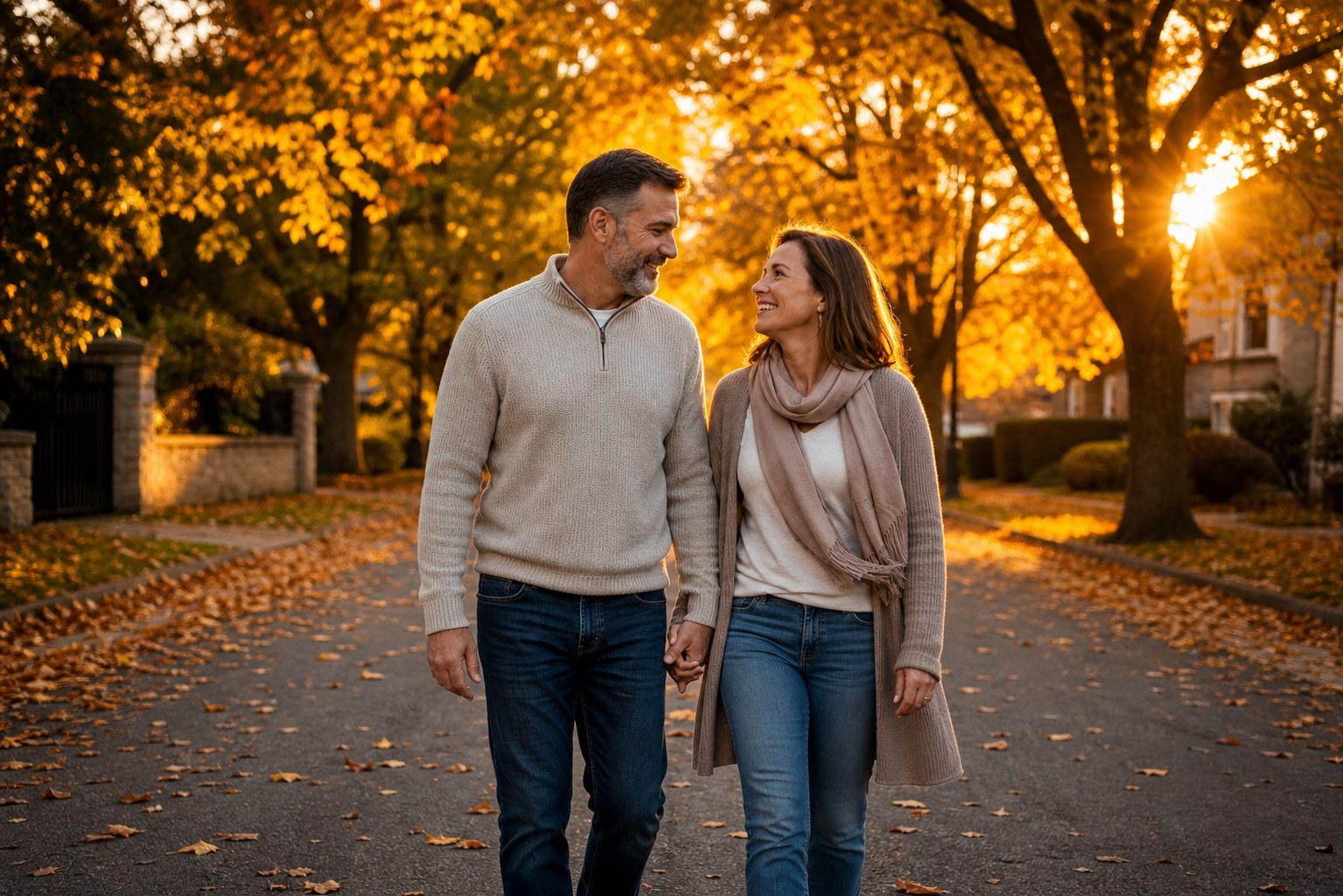 Middle Age Couple Walking on Treelined Street