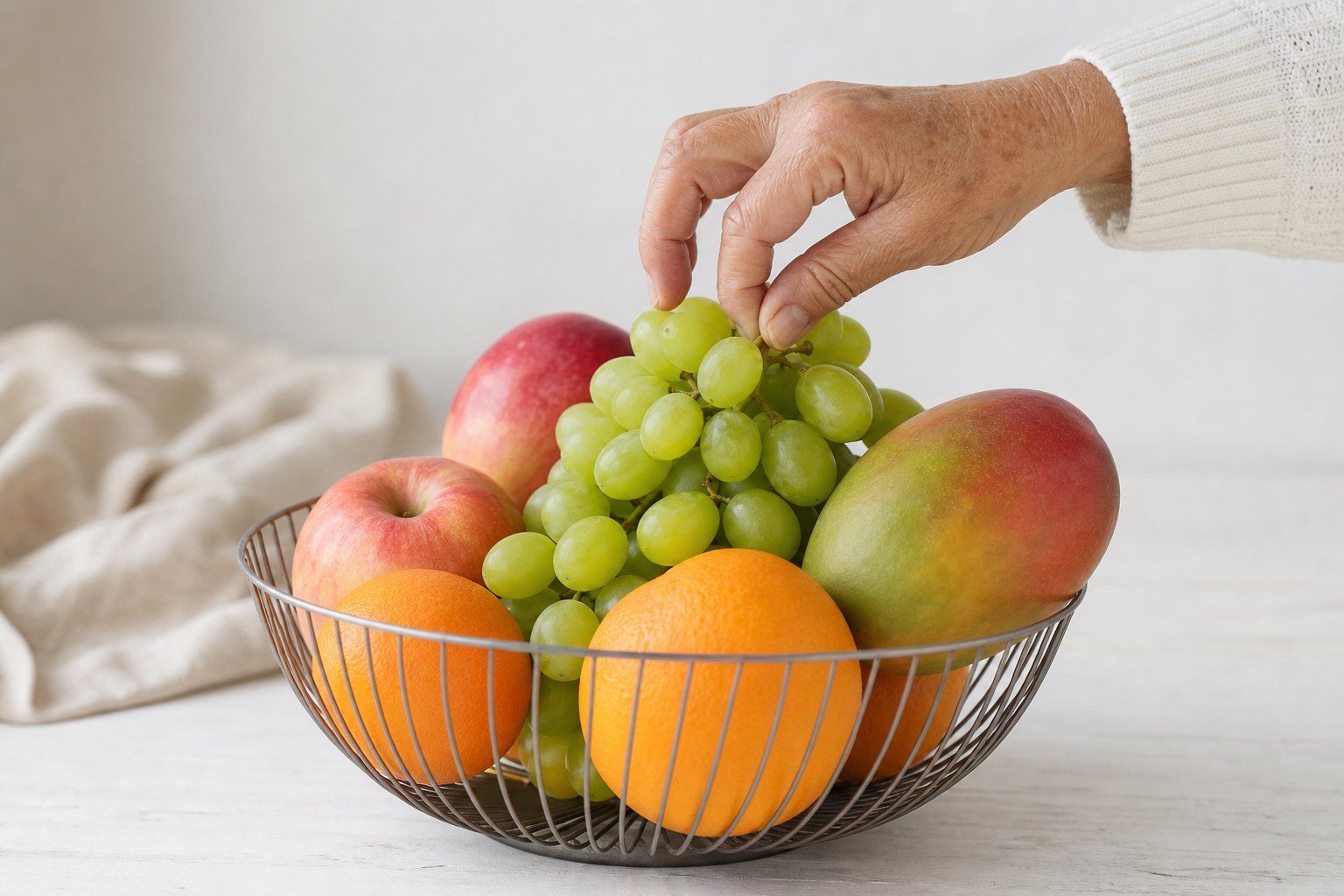Older Womans Hand Picking Grapes from Fruit Bowl
